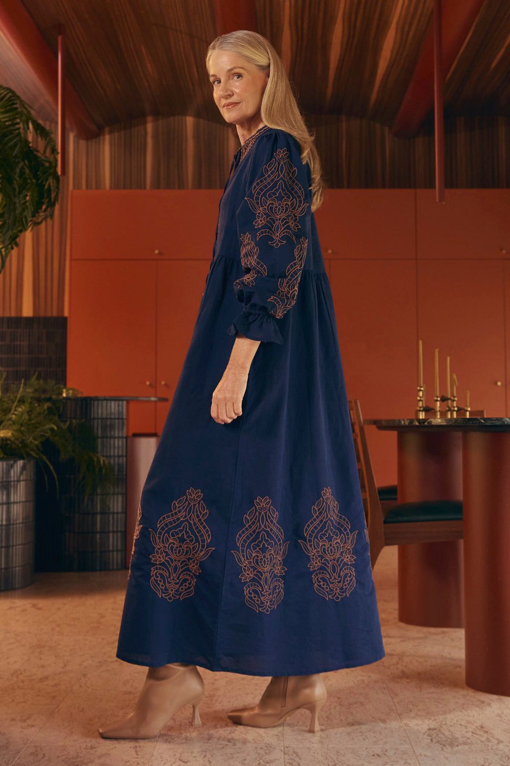 Tanya Embroidered Dress in Navy