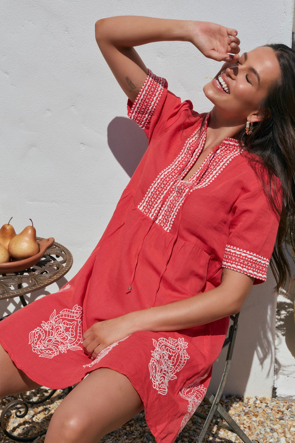 Tanya Short Embroidered Dress in Red