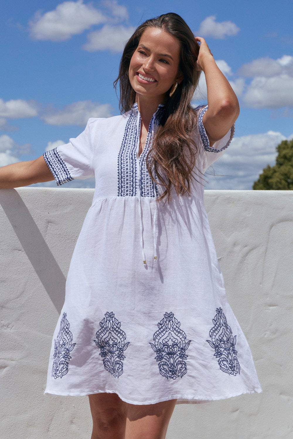 Tanya Short Embroidered Dress in White