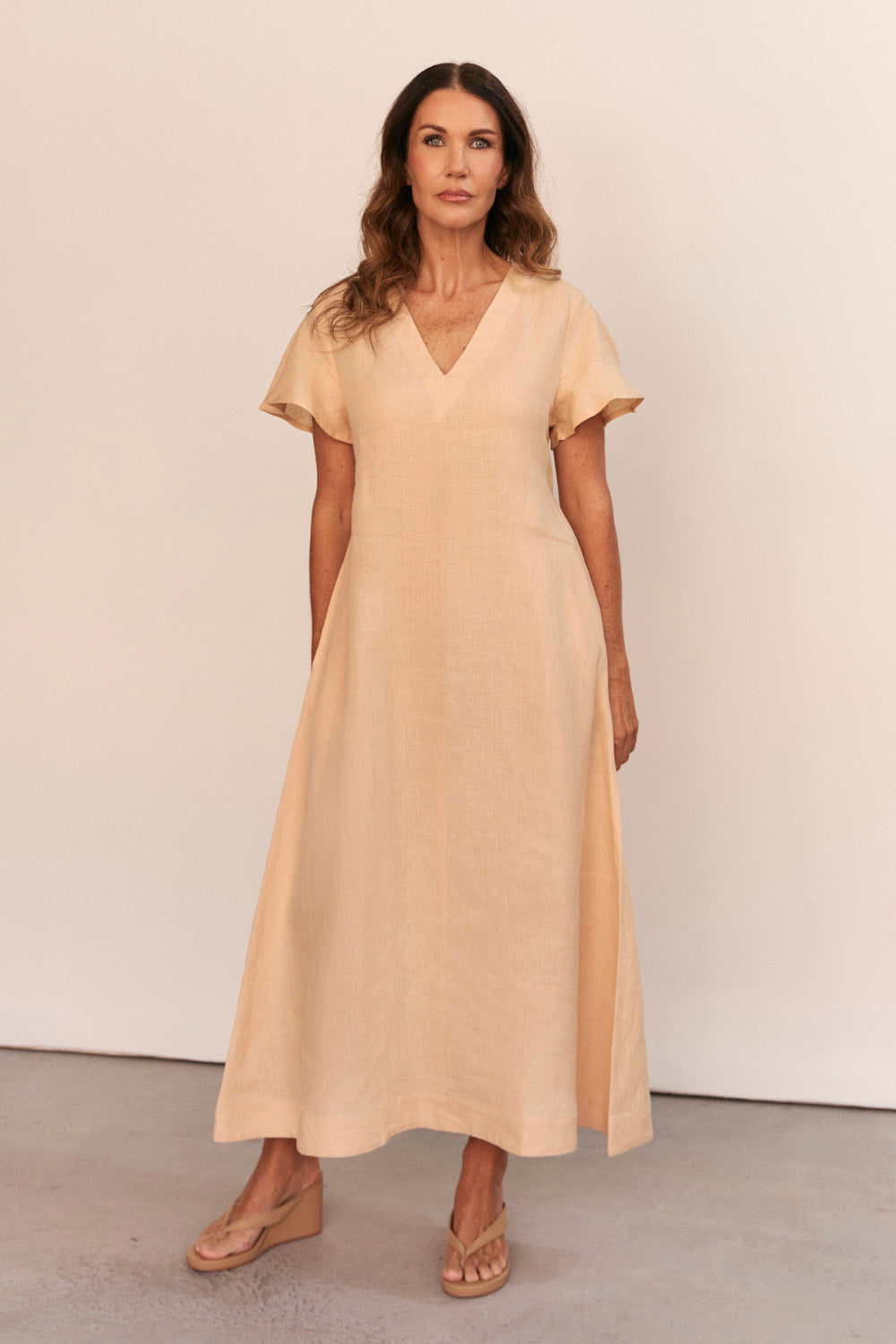 Tatum Linen Flutter Sleeve Dress in Sand