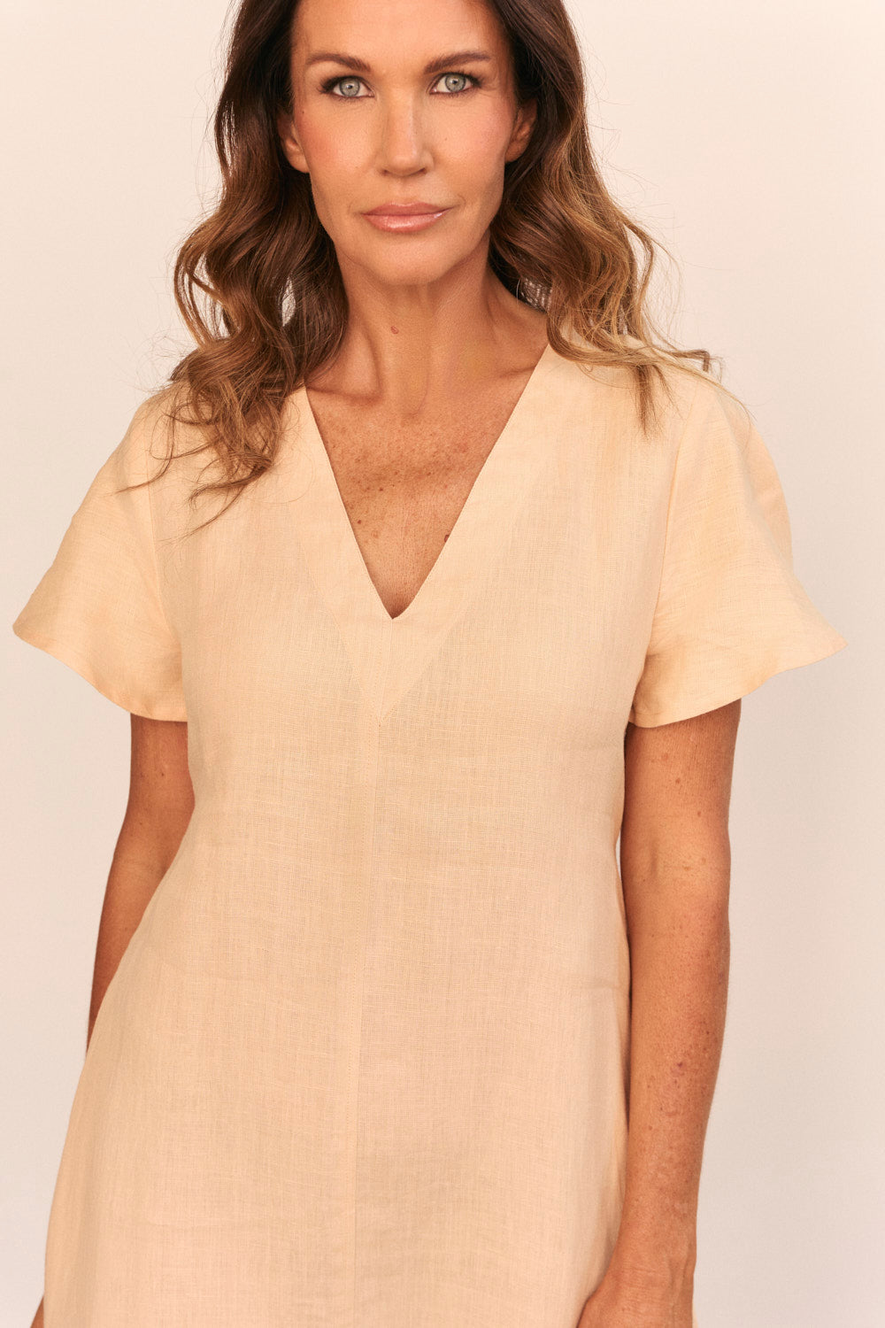 Tatum Linen Flutter Sleeve Dress in Sand