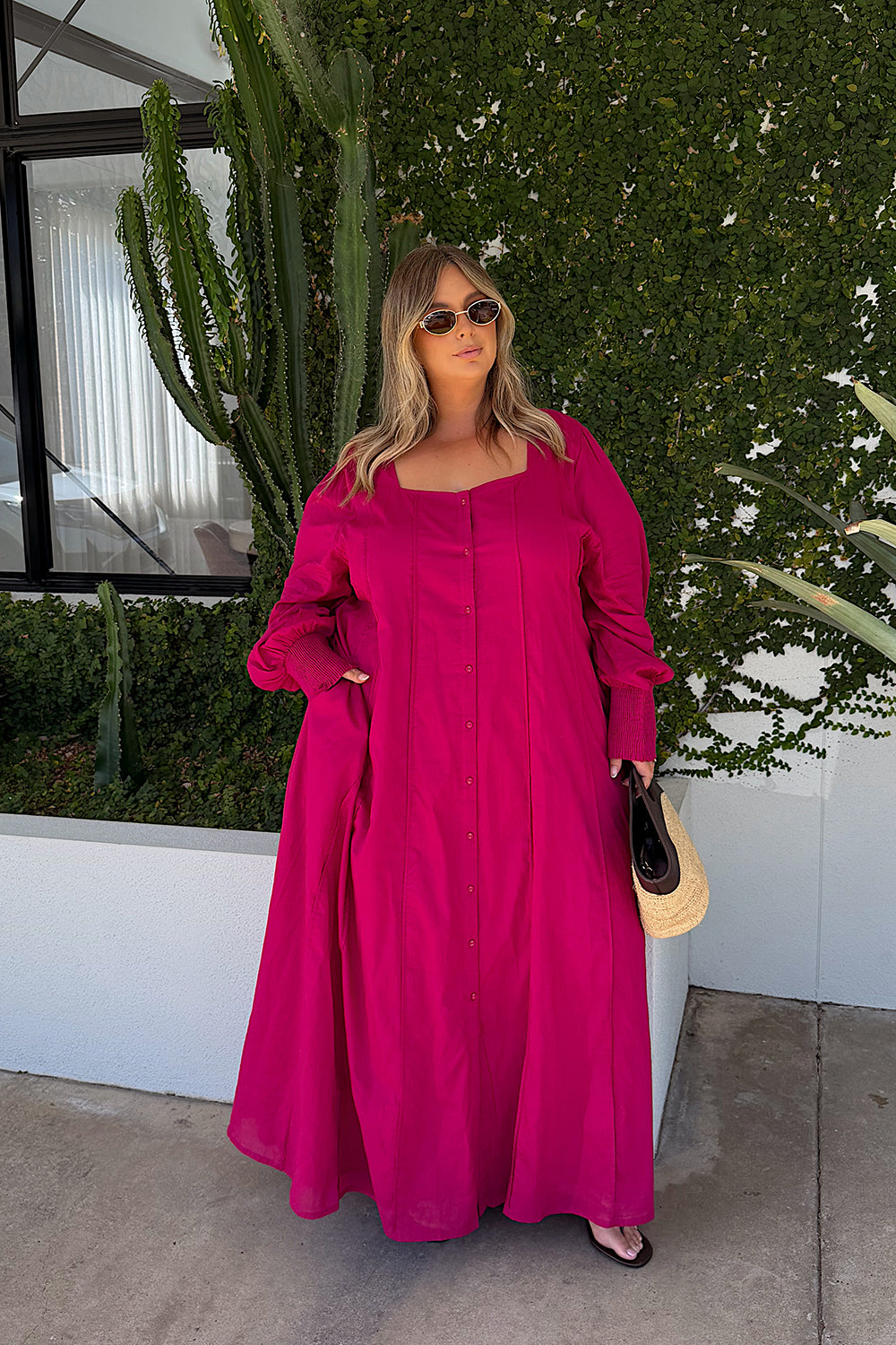 Ophelia Button Through Dress in Magenta