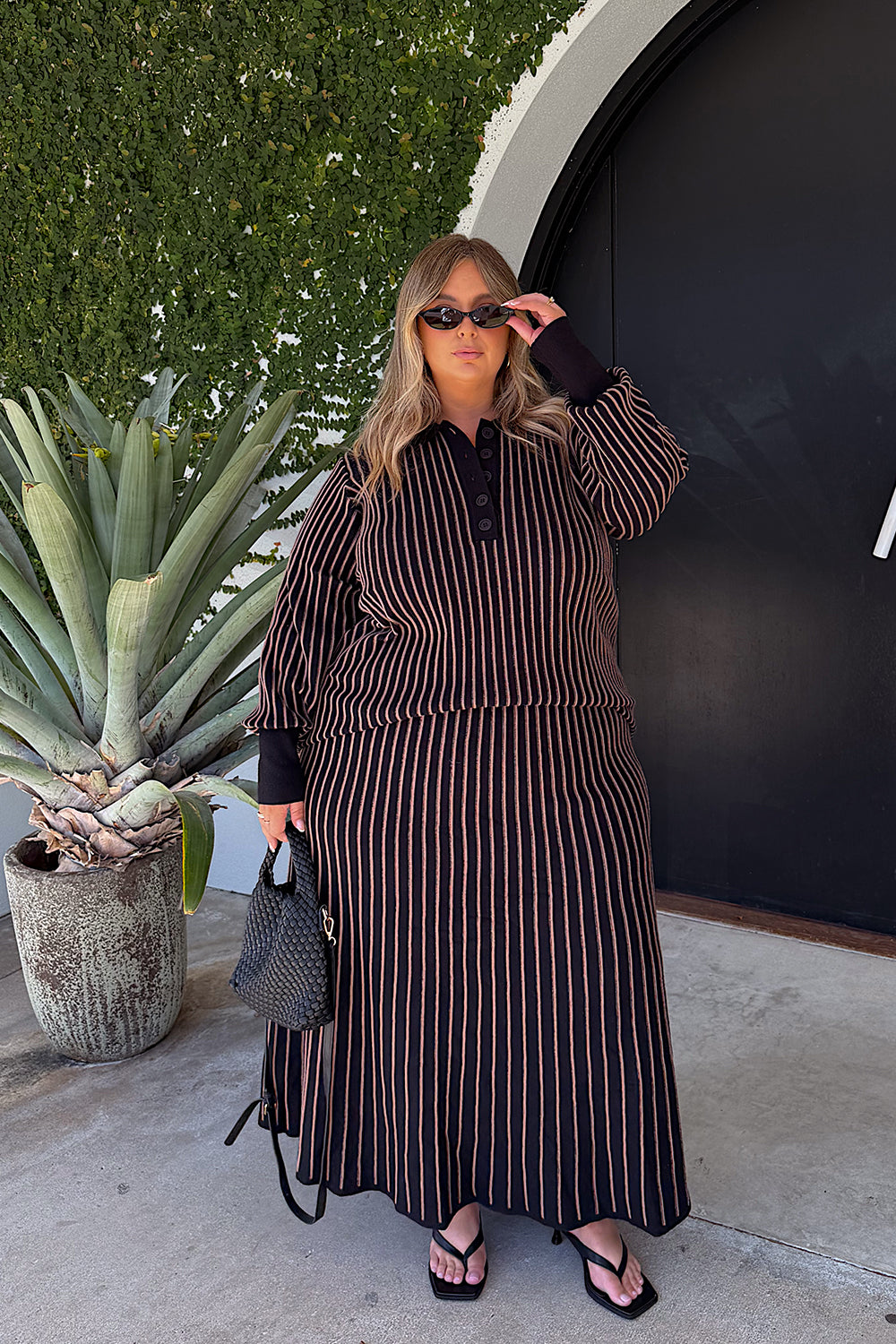 Knitted A-Line Skirt in Black, Midi Skirt - Adrift Clothing