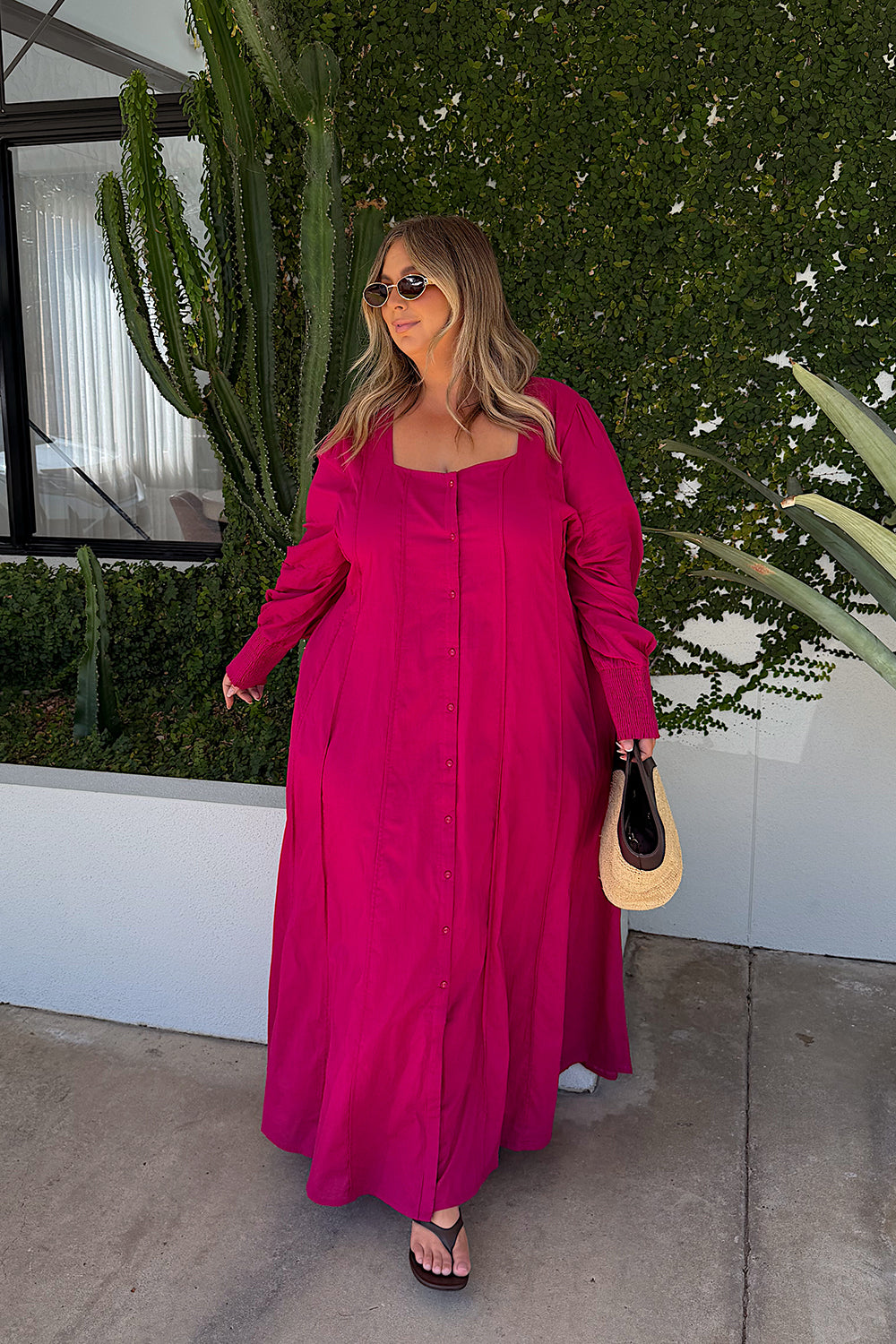 Ophelia Button Through Dress in Magenta, Maxi Dress - Adrift Clothing