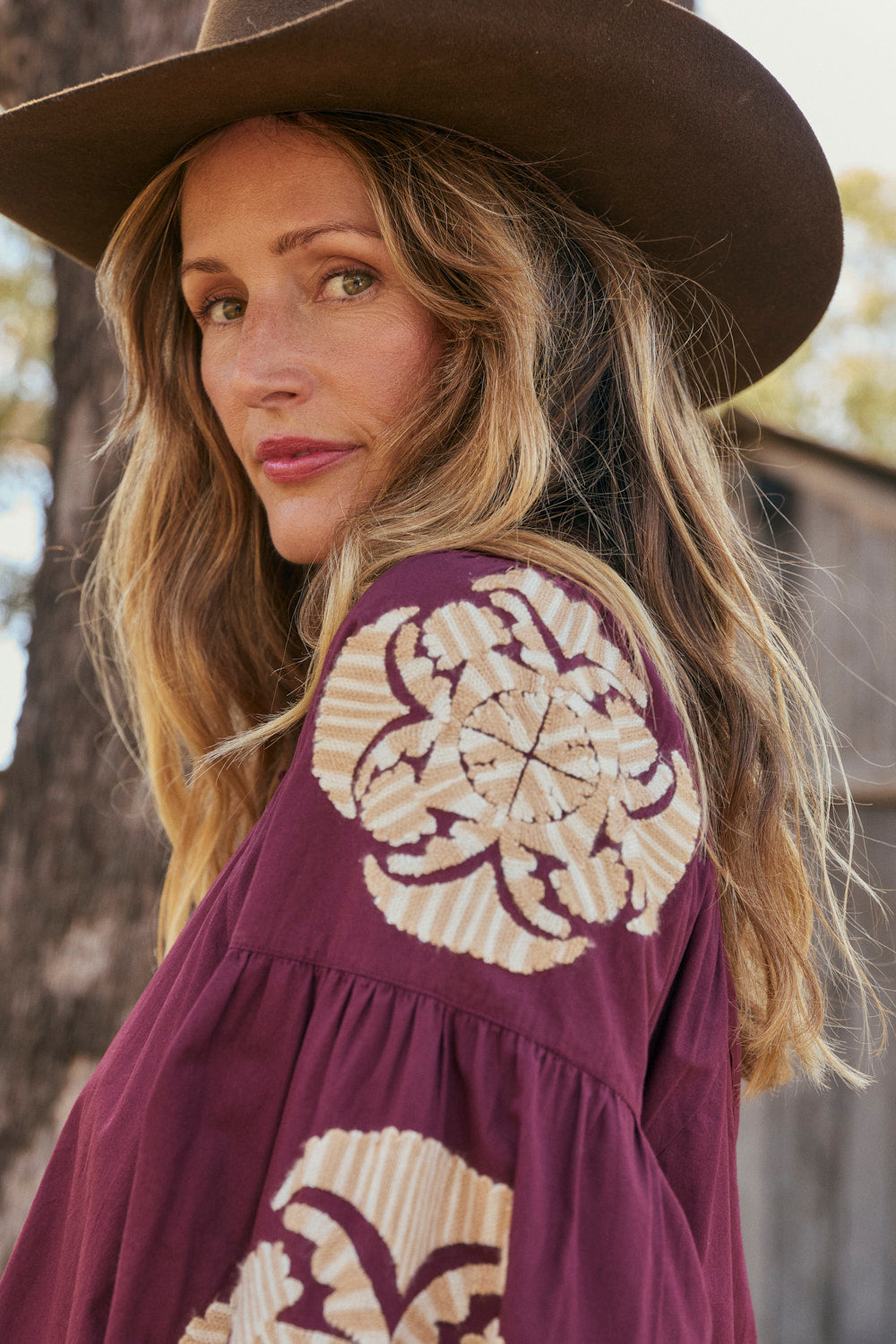 Trinny Embroidered Dress in Burgundy Reverie