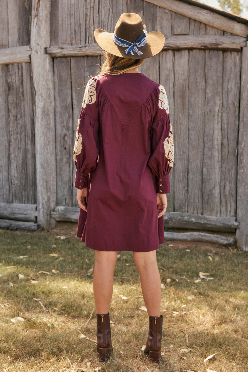 Trinny Embroidered Dress in Burgundy Reverie