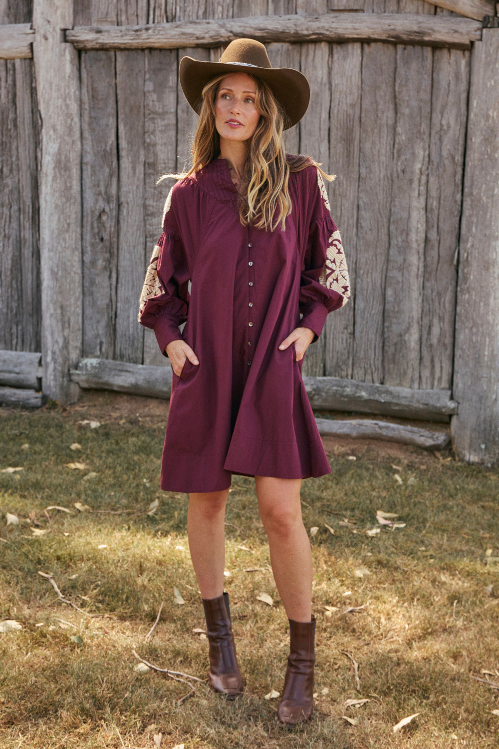 Trinny Embroidered Dress in Burgundy Reverie