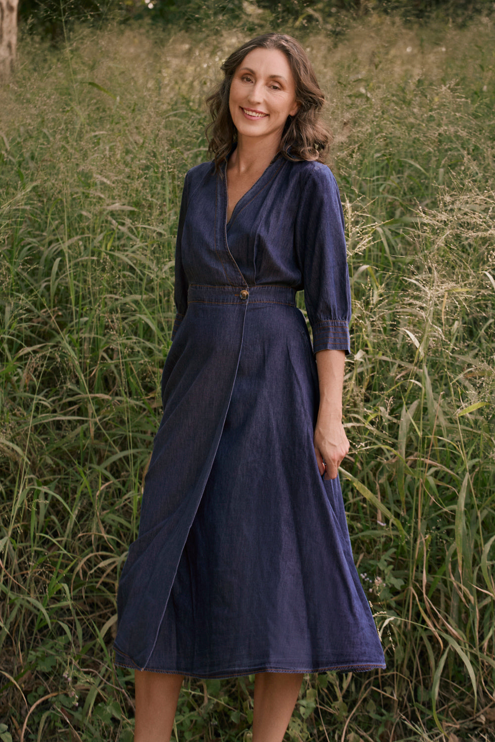 Wendy Chambray Wrap Dress in Dark Wash