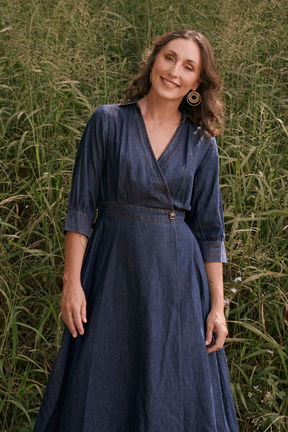 Wendy Chambray Wrap Dress in Dark Wash