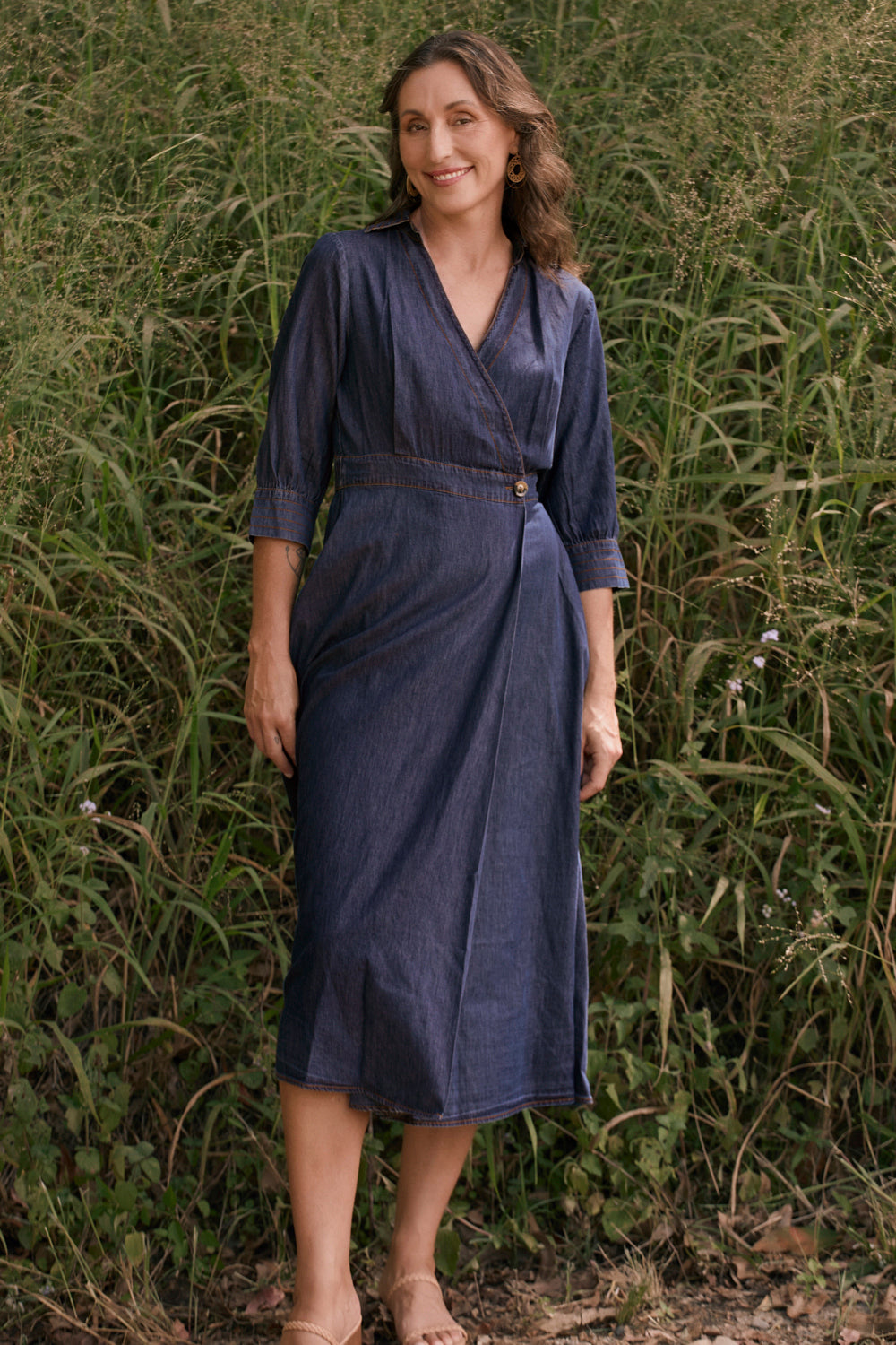 Wendy Chambray Wrap Dress in Dark Wash