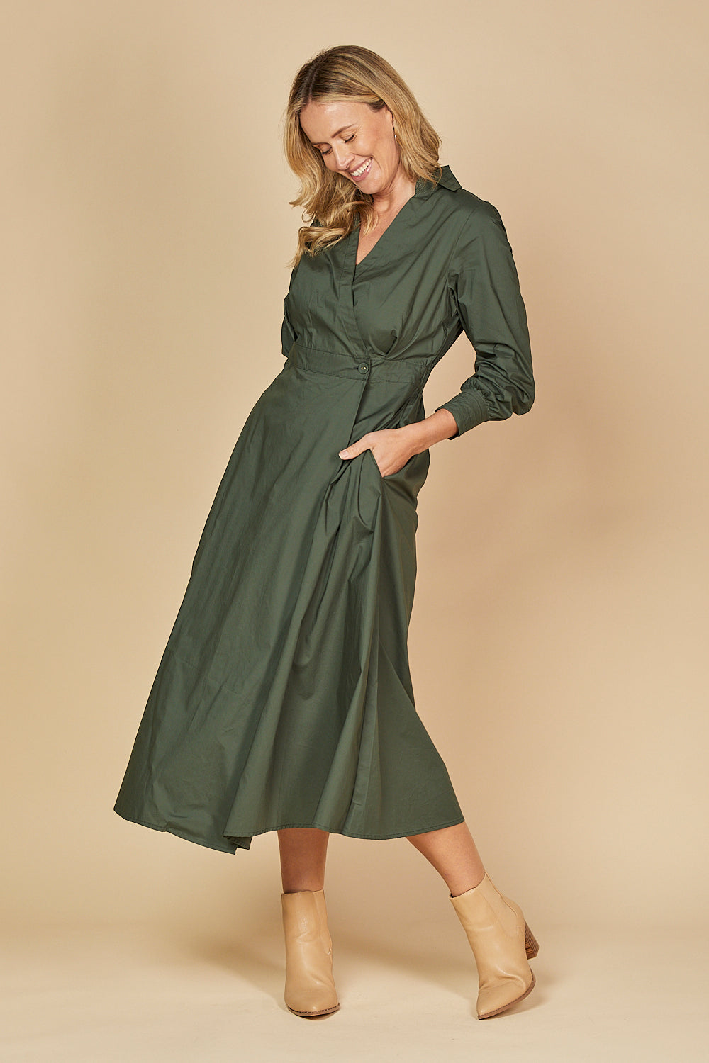 Wendy Poplin Wrap Dress in Bottle Green