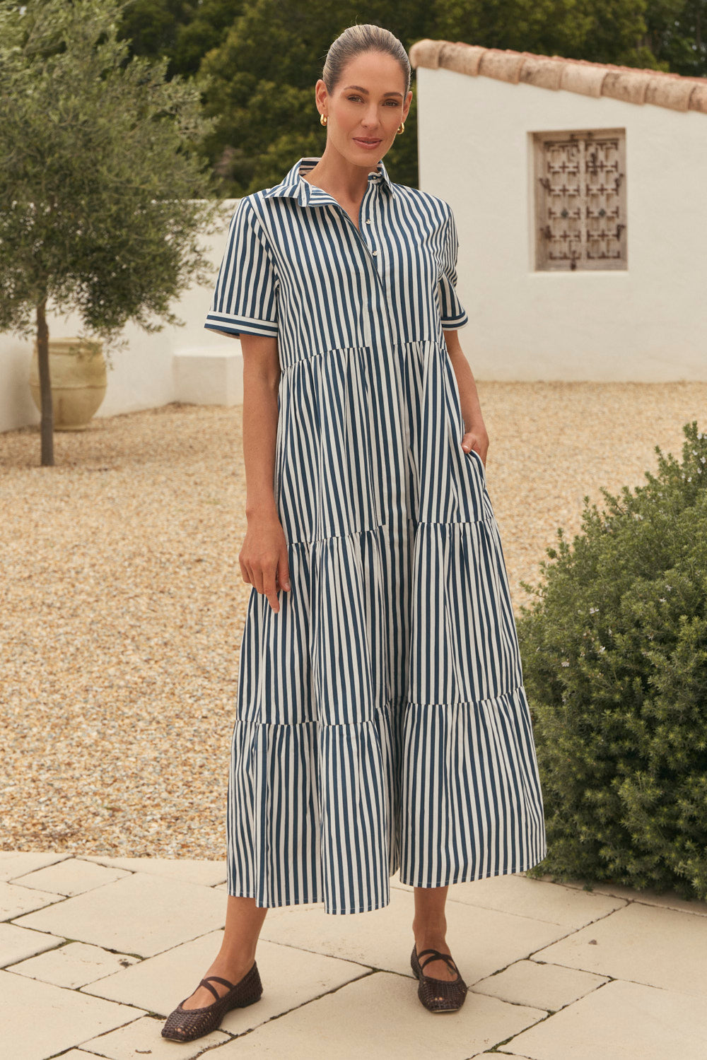 Winslow Button-Through Dress in Navy Stripe