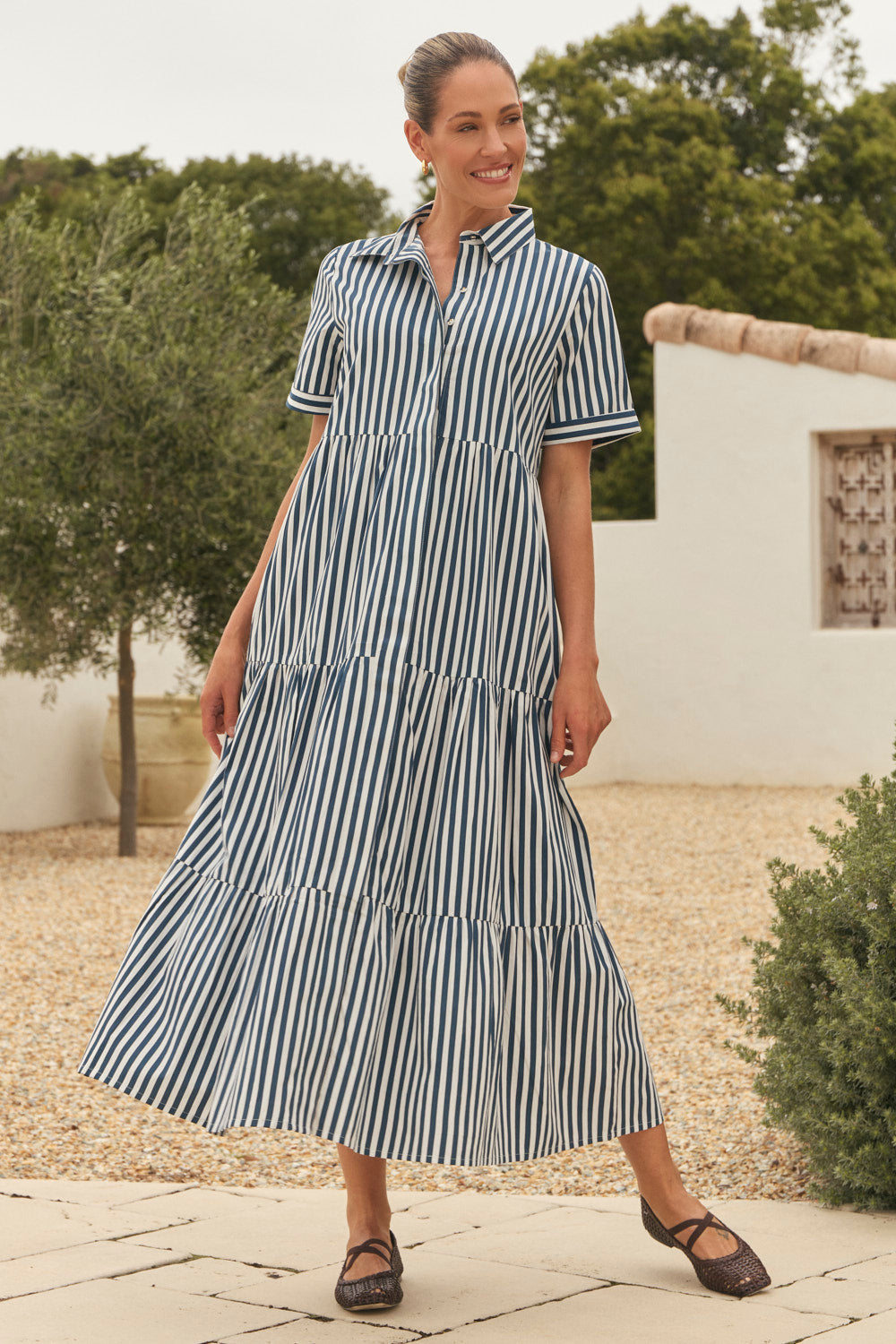 Winslow Button-Through Dress in Navy Stripe