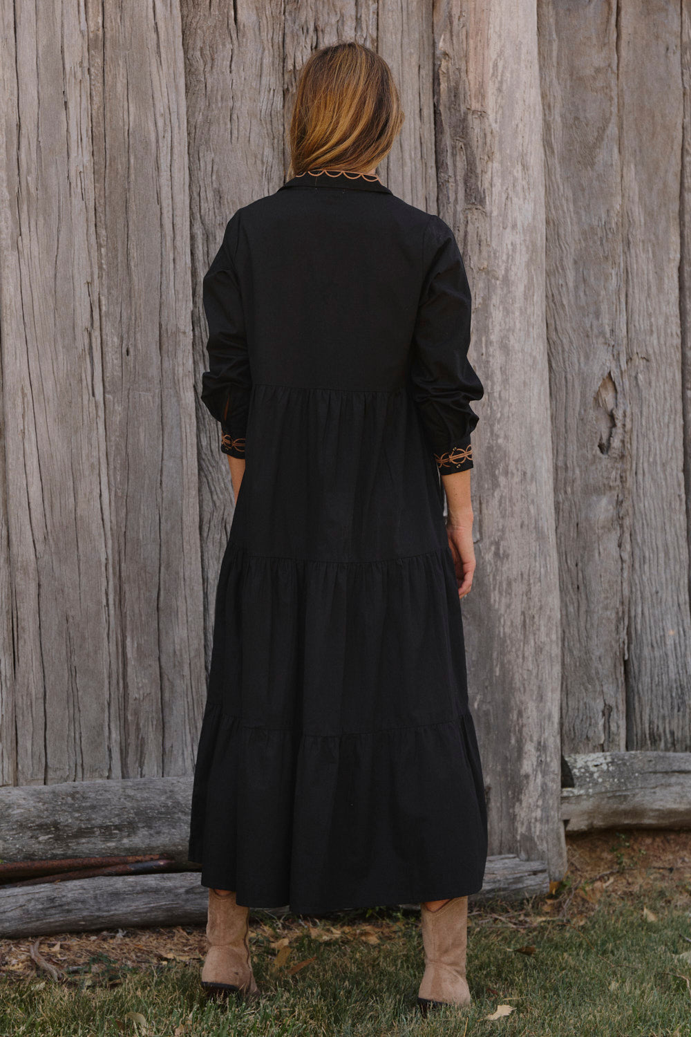 Winslow Button Through Dress in Black, flowing tiered shape designed in Brisbane Australia