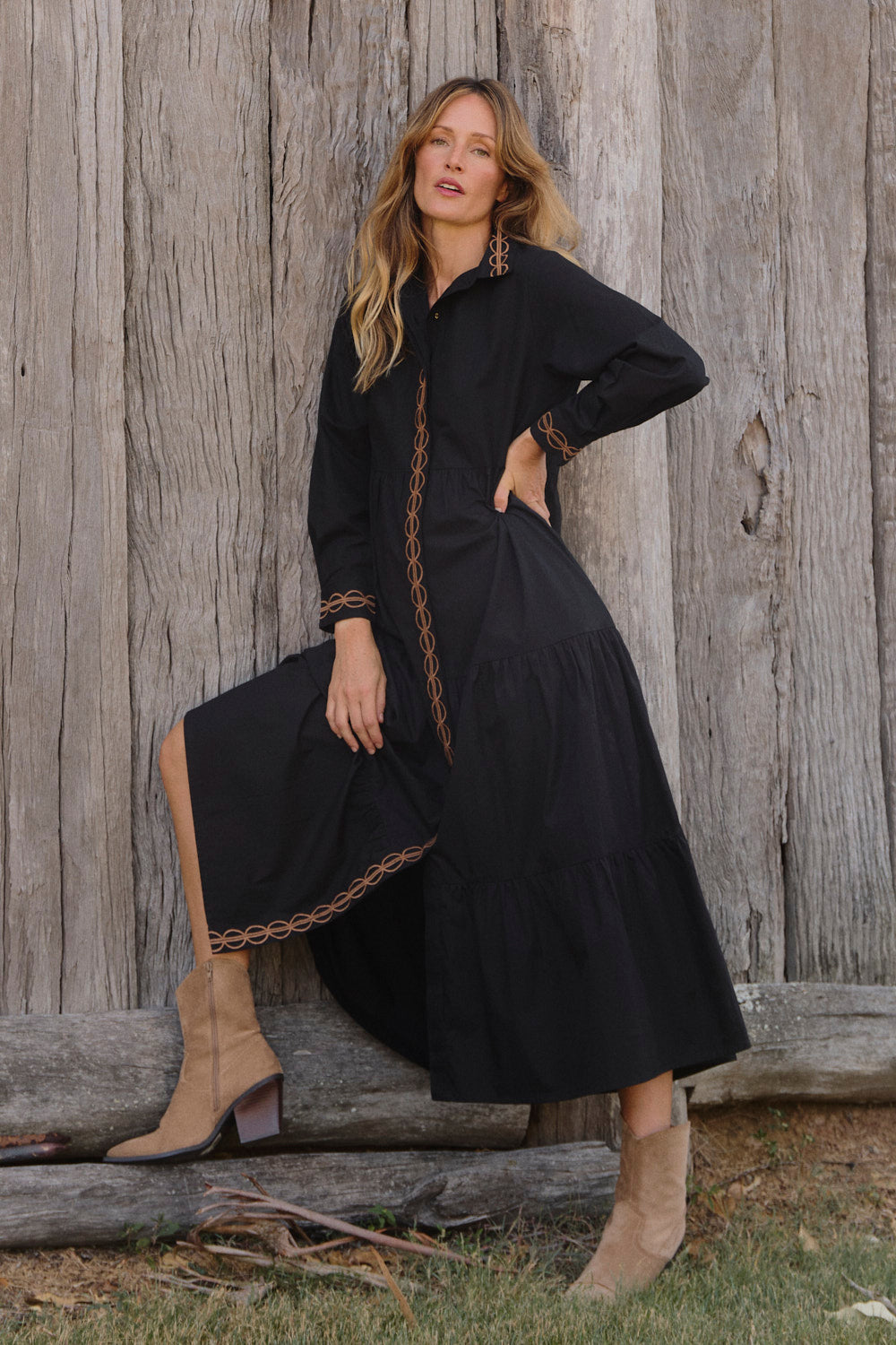 Winslow Button Through Dress in Black with front button-up and pockets, Adrift Clothing