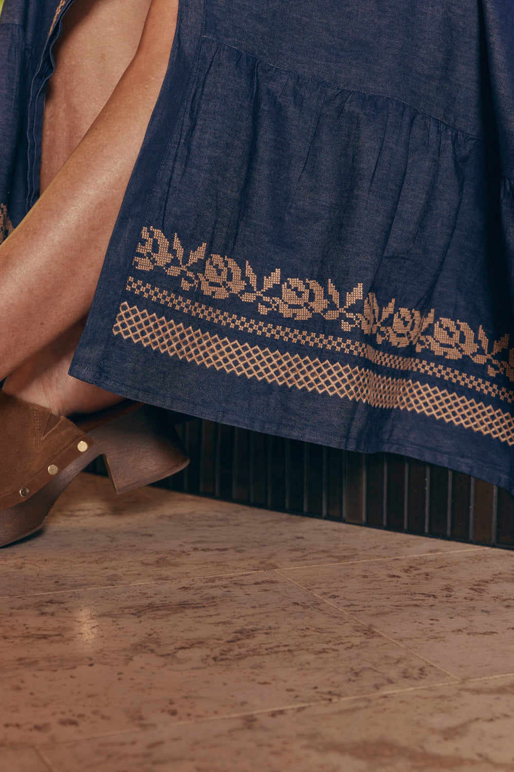 Winslow Embroidered Chambray Dress in Mid Wash