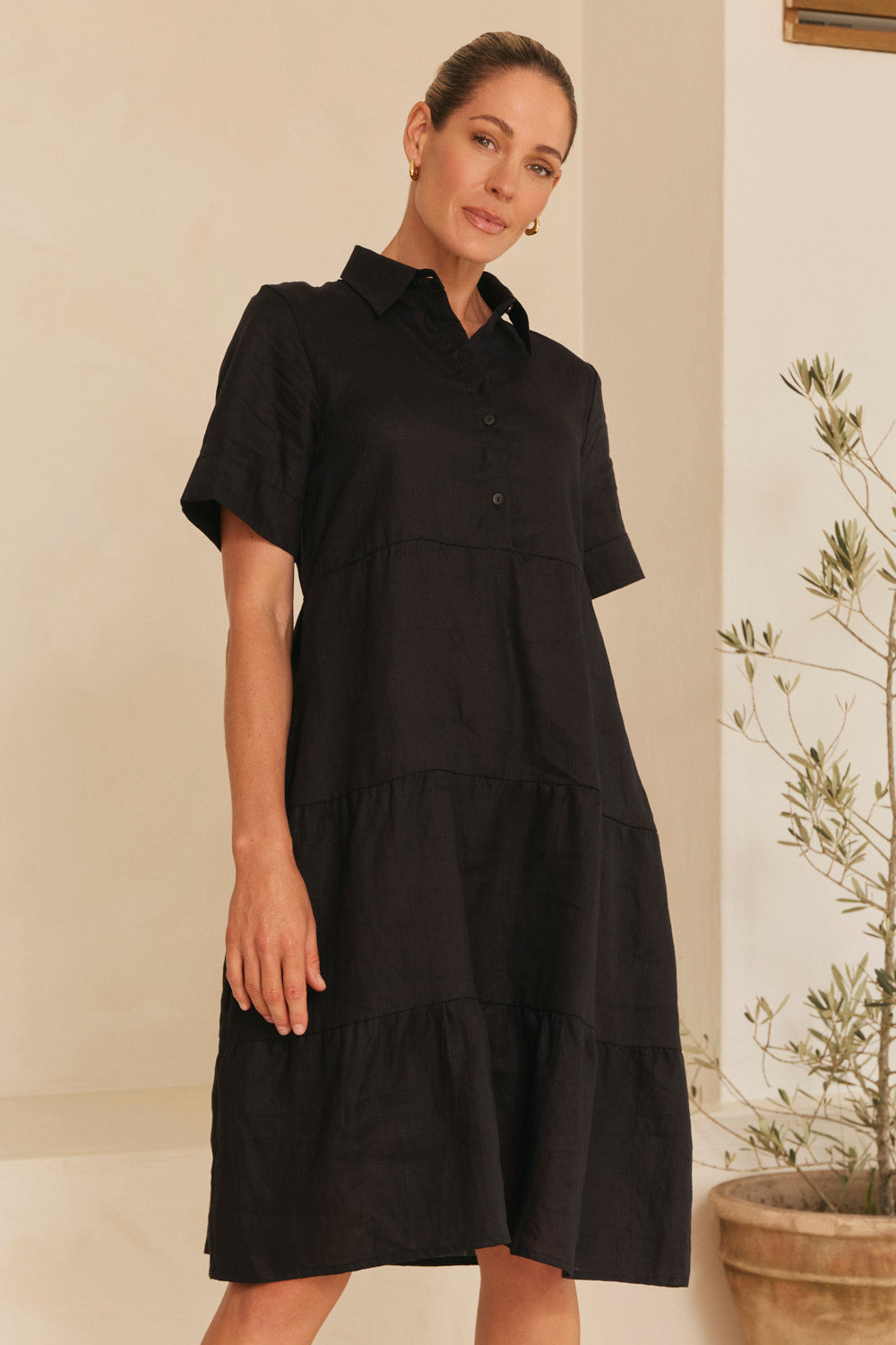 Winslow Linen Knee-Length Dress in Black featuring relaxed short sleeves and pockets, Australian womenswear by Adrift