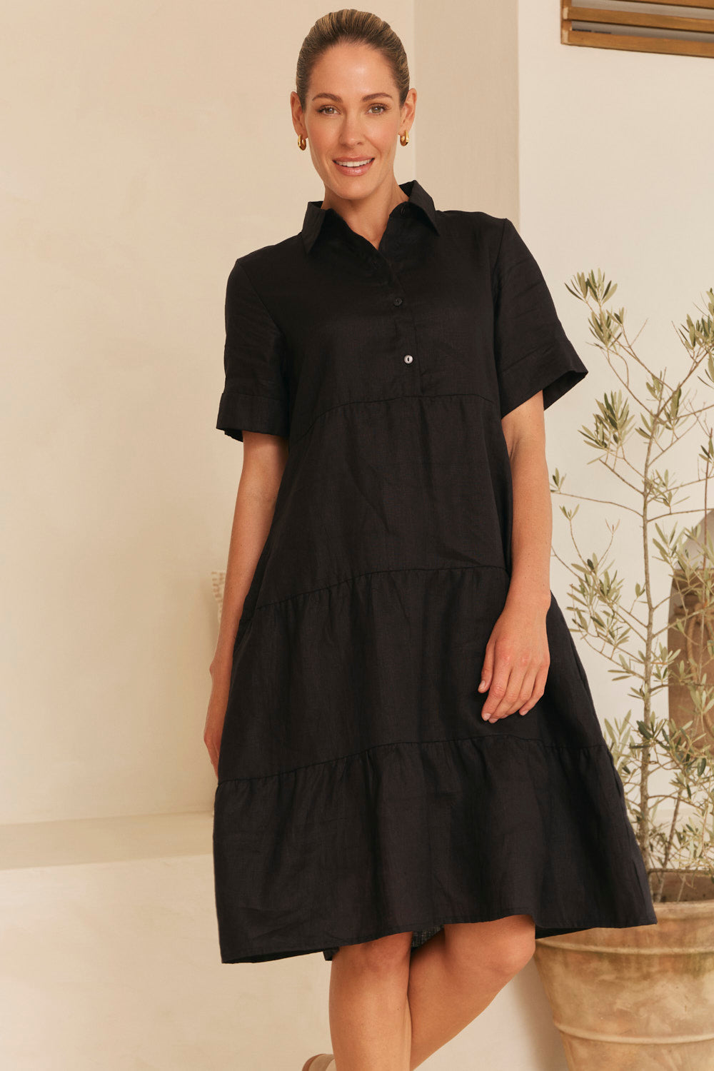 Winslow Linen Knee-Length Dress in Black, simple versatile linen throw-on, Adrift Clothing