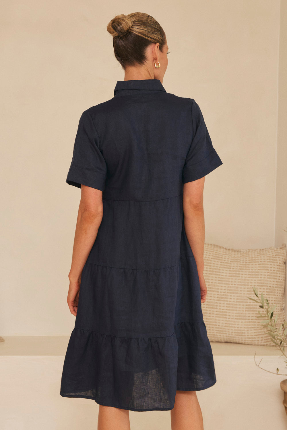 Winslow Linen Knee-Length Dress in Navy in breathable 100% linen, designed in Brisbane Australia