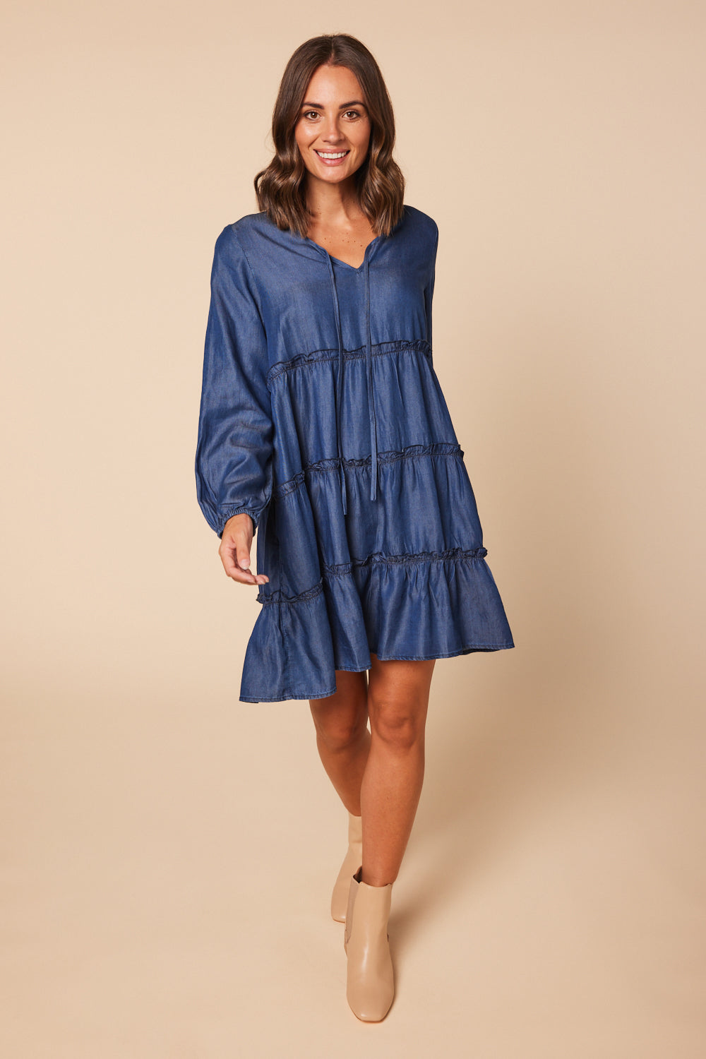 Ingrid Tiered Dress in Mid Blue (7097127305290)