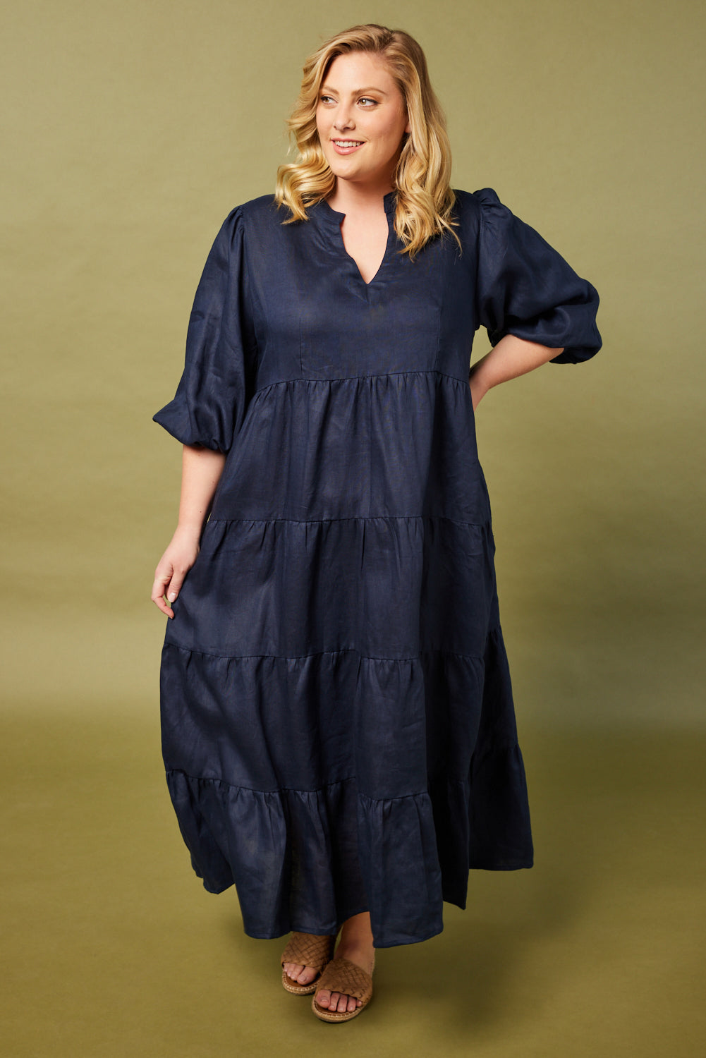 Sabre V-Neck Dress in Navy (6956142461002)