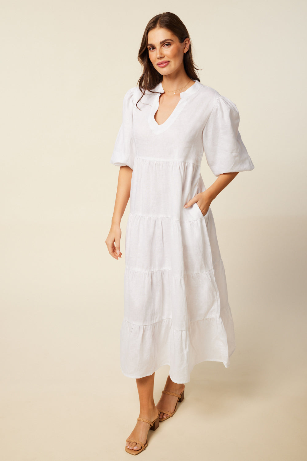 Sabre V-Neck Dress in White (6956143050826)